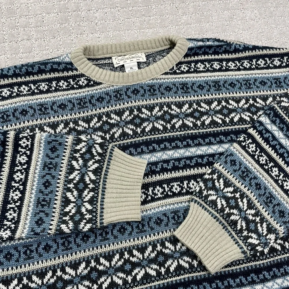 Vintage 90s Colorful Blue‎ Crossings Knit Size XL Geometric Abstract Sweater